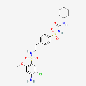 molecular formula C22H29ClN4O6S2 B12722759 Benzenesulfonamide, 4-amino-5-chloro-N-(2-(4-((((cyclohexylamino)carbonyl)amino)sulfonyl)phenyl)ethyl)-2-methoxy- CAS No. 81514-39-8