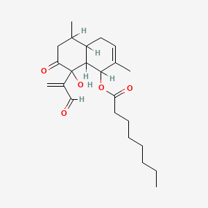 molecular formula C23H34O5 B12722864 Octanoic acid, 8-(1-formylethenyl)-1,4,4a,5,6,7,8,8a-octahydro-8-hydroxy-2,5-dimethyl-7-oxo-1-naphthalenyl ester CAS No. 410532-51-3