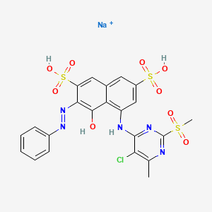 molecular formula C22H18ClN5NaO9S3+ B12722897 5-((5-Chloro-6-methyl-2-(methylsulphonyl)-4-pyrimidinyl)amino)-4-hydroxy-3-(phenylazo)naphthalene-2,7-disulphonic acid, sodium salt CAS No. 83400-15-1