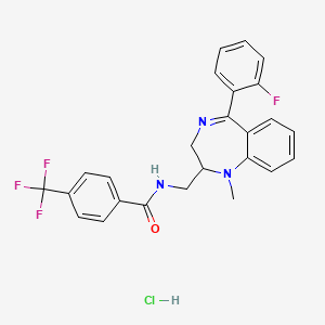 molecular formula C25H22ClF4N3O B12722977 Benzamide, N-((5-(2-fluorophenyl)-1-methyl-2,3-dihydro-1H-1,4-benzodiazepin-2-yl)methyl)-4-(trifluoromethyl)-, monohydrochloride CAS No. 83736-68-9