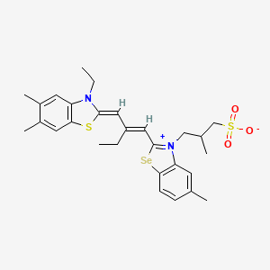 molecular formula C28H34N2O3S2Se B12723526 3-Ethyl-5,6-dimethyl-2-(2-((5-methyl-3-(2-methyl-3-sulphonatopropyl)-3H-benzoselenazol-2-ylidene)methyl)but-1-enyl)benzothiazolium CAS No. 94158-30-2