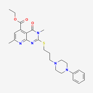 molecular formula C25H31N5O3S B12723713 Pyrido(2,3-d)pyrimidine-5-carboxylic acid, 3,4-dihydro-3,7-dimethyl-4-oxo-2-((3-(4-phenyl-1-piperazinyl)propyl)thio)-, ethyl ester CAS No. 147296-96-6