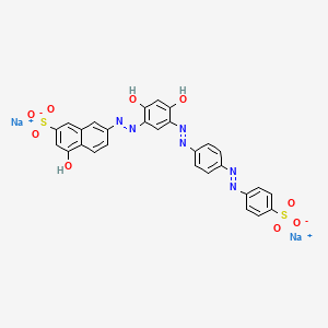 molecular formula C28H18N6Na2O9S2 B12723883 Disodium 7-((2,4-dihydroxy-5-((4-((4-sulphonatophenyl)azo)phenyl)azo)phenyl)azo)-4-hydroxynaphthalene-2-sulphonate CAS No. 85959-24-6