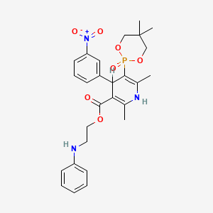 molecular formula C27H32N3O7P B12724056 3-Pyridinecarboxylic acid, 1,4-dihydro-2,6-dimethyl-5-(5,5-dimethyl-1,3,2-dioxaphosphorinan-2-yl)-4-(3-nitrophenyl)-, 2-(phenylamino)ethyl ester, P-oxide CAS No. 128506-04-7