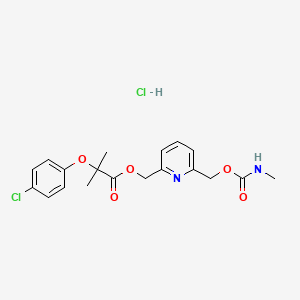 molecular formula C19H22Cl2N2O5 B12724065 Propanoic acid, 2-(4-chlorophenoxy)-2-methyl-, (6-((((methylamino)carbonyl)oxy)methyl)-2-pyridinyl)methyl ester, hydrochloride CAS No. 58637-08-4