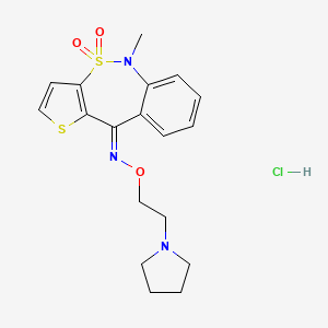 molecular formula C18H22ClN3O3S2 B12724300 Thieno(3,2-c)(2,1)benzothiazepin-10(5H)-one, 5-methyl-, O-(2-(1-pyrrolidinyl)ethyl)oxime, 4,4-dioxide, monohydrochloride, (Z)- CAS No. 181145-42-6