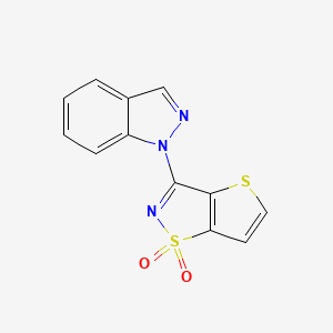 molecular formula C12H7N3O2S2 B12724429 IH-Indazole, 1-thieno(2,3-d)isothiazol-3-yl-, S,S-dioxide CAS No. 113387-70-5