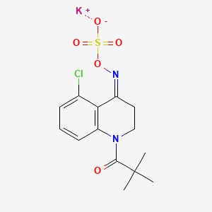 molecular formula C14H16ClKN2O5S B12724476 Hydroxylamine-O-sulfonic acid, N-(5-chloro-1-(2,2-dimethyl-1-oxopropyl)-2,3-dihydro-4(1H)-quinolinylidene)-, potassium salt CAS No. 114427-32-6