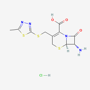 molecular formula C11H13ClN4O3S3 B12725046 (6R-trans)-7-Amino-3-(((5-methyl-1,3,4-thiadiazol-2-yl)thio)methyl)-8-oxo-5-thia-1-azabicyclo(4.2.0)oct-2-ene-2-carboxylic acid monohydrochloride CAS No. 98493-37-9