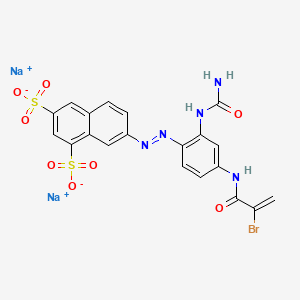 molecular formula C20H14BrN5Na2O8S2 B12725172 Disodium 7-((2-((aminocarbonyl)amino)-4-((2-bromo-1-oxoallyl)amino)phenyl)azo)naphthalene-1,3-disulphonate CAS No. 93804-44-5