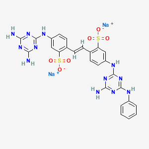 molecular formula C26H22N12Na2O6S2 B12725664 Disodium 5-((4-amino-6-anilino-1,3,5-triazin-2-yl)amino)-2-(2-(4-((4,6-diamino-1,3,5-triazin-2-yl)amino)-2-sulphonatophenyl)vinyl)benzenesulphonate CAS No. 52298-21-2