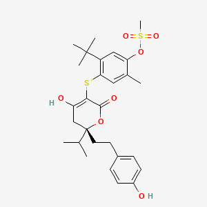 molecular formula C28H36O7S2 B12725832 2H-Pyran-2-one, 3-((2-(1,1-dimethylethyl)-5-methyl-4-((methylsulfonyl)oxy)phenyl)thio)-5,6-dihydro-4-hydroxy-6-(2-(4-hydroxyphenyl)ethyl)-6-(1-methylethyl)- CAS No. 263842-81-5