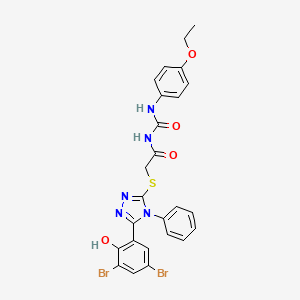 molecular formula C25H21Br2N5O4S B12725947 Acetamide, 2-((5-(3,5-dibromo-2-hydroxyphenyl)-4-phenyl-4H-1,2,4-triazol-3-yl)thio)-N-(((4-ethoxyphenyl)amino)carbonyl)- CAS No. 97399-32-1