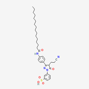 molecular formula C34H46N4O5S B12726015 m-(4-(2-Cyanoethyl)-4,5-dihydro-5-oxo-3-(4-((1-oxohexadecyl)amino)phenyl)-1H-pyrazol-1-yl)benzenesulphonic acid CAS No. 94944-74-8