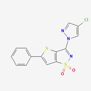 molecular formula C14H8ClN3O2S2 B12726109 Thieno(2,3-d)isothiazole, 3-(4-chloro-1H-pyrazol-1-yl)-5-phenyl-, 1,1-dioxide CAS No. 113387-72-7