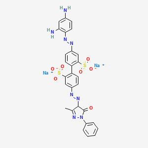 molecular formula C28H22N8Na2O7S2 B12726681 Disodium 4-((2,4-diaminophenyl)azo)-4'-((4,5-dihydro-3-methyl-5-oxo-1-phenyl-1H-pyrazol-4-yl)azo)(1,1'-biphenyl)-2,2'-disulphonate CAS No. 84176-81-8