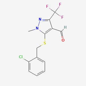 molecular formula C13H10ClF3N2OS B1272686 5-[(2-Chlorobenzyl)sulfanyl]-1-methyl-3-(trifluoromethyl)-1H-pyrazole-4-carbaldehyde CAS No. 321533-90-8
