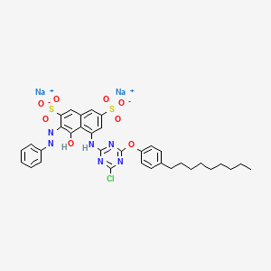 molecular formula C34H33ClN6Na2O8S2 B12726874 Disodium 5-((4-chloro-6-(4-nonylphenoxy)-1,3,5-triazin-2-yl)amino)-4-hydroxy-3-(phenylazo)naphthalene-2,7-disulphonate CAS No. 84852-25-5