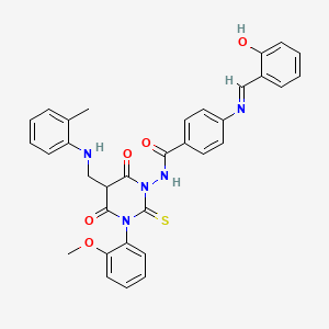 molecular formula C33H29N5O5S B12726963 Benzamide, 4-(((2-hydroxyphenyl)methylene)amino)-N-(tetrahydro-3-(2-methoxyphenyl)-5-(((2-methylphenyl)amino)methyl)-4,6-dioxo-2-thioxo-1(2H)-pyrimidinyl)- CAS No. 131528-80-8