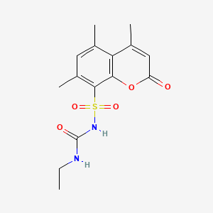 molecular formula C15H18N2O5S B12727126 2H-1-Benzopyran-8-sulfonamide, N-((ethylamino)carbonyl)-4,5,7-trimethyl-2-oxo- CAS No. 85302-27-8