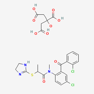 molecular formula C26H27Cl2N3O9S B12727352 N-[4-chloro-2-(2-chlorobenzoyl)phenyl]-2-(4,5-dihydro-1H-imidazol-2-ylsulfanyl)-N-methylpropanamide;2-hydroxypropane-1,2,3-tricarboxylic acid CAS No. 128433-33-0