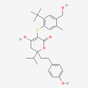 molecular formula C28H36O5S B12727536 5-{[2-Tert-butyl-4-(hydroxymethyl)-5-methylphenyl]sulfanyl}-6-hydroxy-2-[2-(4-hydroxyphenyl)ethyl]-2-(propan-2-yl)-2,3-dihydro-4h-pyran-4-one CAS No. 197915-46-1