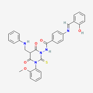 molecular formula C32H27N5O5S B12727642 Benzamide, 4-(((2-hydroxyphenyl)methylene)amino)-N-(tetrahydro-3-(2-methoxyphenyl)-4,6-dioxo-5-((phenylamino)methyl)-2-thioxo-1(2H)-pyrimidinyl)- CAS No. 131528-79-5