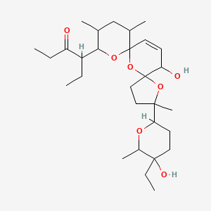 molecular formula C29H48O7 B12727689 3-Hexanone, 4-(2-(5-ethyltetrahydro-5-hydroxy-6-methyl-2H-pyran-2-yl)-15-hydroxy-2,10,12-trimethyl-1,6,8-trioxadispiro(4.1.5.3)pentadec-13-en-9-yl)- CAS No. 126454-05-5