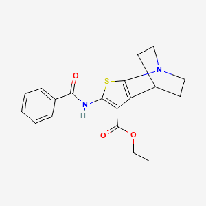 molecular formula C19H20N2O3S B12727857 4H-4,7-Ethanothieno(2,3-b)pyridine-3-carboxylic acid, 5,6-dihydro-2-(benzoylamino)-, ethyl ester CAS No. 112290-19-4