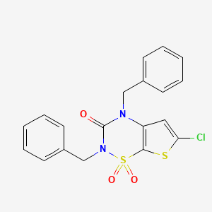 molecular formula C19H15ClN2O3S2 B12727887 2H-Thieno(3,2-e)-1,2,4-thiadiazin-3(4H)-one, 6-chloro-2,4-bis(phenylmethyl)-, 1,1-dioxide CAS No. 214916-54-8