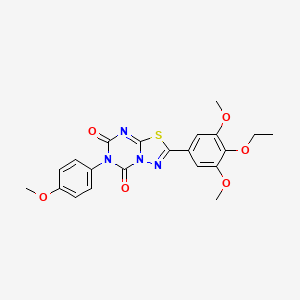 molecular formula C21H20N4O6S B12727894 5H-(1,3,4)Thiadiazolo(3,2-a)(1,3,5)triazine-5,7(6H)-dione, 2-(3,5-dimethoxy-4-ethoxyphenyl)-6-(4-methoxyphenyl)- CAS No. 125766-49-6
