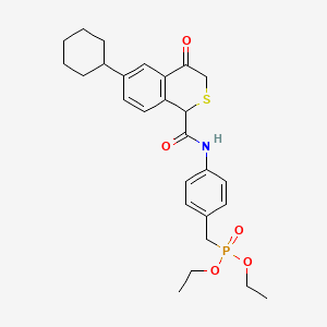 molecular formula C27H34NO5PS B12728080 Phosphonic acid, ((4-(((6-cyclohexyl-3,4-dihydro-4-oxo-1H-2-benzothiopyran-1-yl)carbonyl)amino)phenyl)methyl)-, diethyl ester CAS No. 131007-47-1