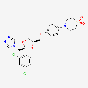 molecular formula C23H24Cl2N4O5S B12728316 Thiomorpholine, 4-(4-((2-(2,4-dichlorophenyl)-2-(4H-1,2,4-triazol-4-ylmethyl)-1,3-dioxolan-4-yl)methoxy)phenyl)-, 1,1-dioxide, cis- CAS No. 103661-12-7