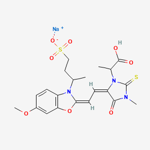 molecular formula C21H24N3NaO8S2 B12728830 Sodium alpha-methyl 5-((6-methoxy-3-(4-sulphonato-2-butyl)benzoxazol-2(3H)-ylidene)ethylidene)-3-methyl-4-oxo-2-thioxoimidazolidin-1-ylacetate CAS No. 84434-25-3