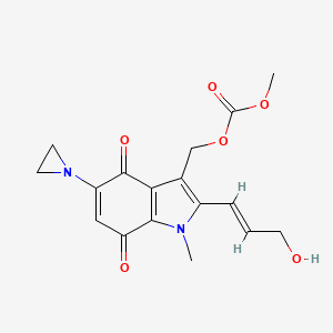molecular formula C17H18N2O6 B12729208 Carbonic acid, (5-(1-aziridinyl)-4,7-dihydro-2-(3-hydroxy-1-propenyl)-1-methyl-4,7-dioxo-1H-indol-3-yl)methyl methyl ester, (E)- CAS No. 185900-92-9