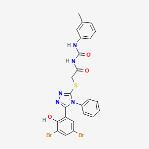 molecular formula C24H19Br2N5O3S B12729437 Acetamide, 2-((5-(3,5-dibromo-2-hydroxyphenyl)-4-phenyl-4H-1,2,4-triazol-3-yl)thio)-N-(((3-methylphenyl)amino)carbonyl)- CAS No. 97399-29-6