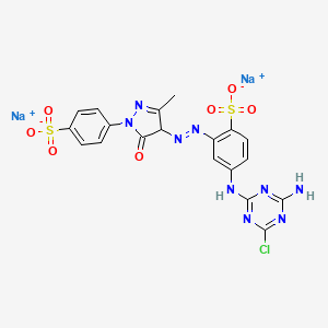 molecular formula C19H14ClN9Na2O7S2 B12729495 Disodium 4-((4-amino-6-chloro-1,3,5-triazin-2-yl)amino)-2-((4,5-dihydro-3-methyl-5-oxo-1-(4-sulphonatophenyl)-1H-pyrazol-4-yl)azo)benzenesulphonate CAS No. 84100-05-0