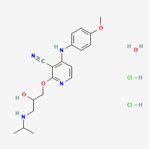 molecular formula C19H28Cl2N4O4 B12731248 3-Pyridinecarbonitrile, 2-(2-hydroxy-3-((1-methylethyl)amino)propoxy)-4-((4-methoxyphenyl)amino)-, dihydrochloride, hydrate CAS No. 103607-56-3
