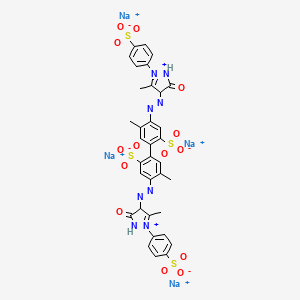 molecular formula C34H28N8Na4O14S4+2 B12731735 Tetrasodium 4,4'-bis((4,5-dihydro-3-methyl-5-oxo-1-(4-sulphonatophenyl)-1H-pyrazol-4-yl)azo)-5,5'-dimethyl(1,1'-biphenyl)-2,2'-disulphonate CAS No. 89504-75-6