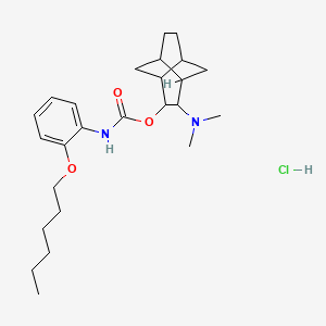 molecular formula C25H39ClN2O3 B12731861 Carbamic acid, (2-(hexyloxy)phenyl)-, 5-(dimethylamino)tricyclo(4.4.0.0(sup 3,8))dec-4-yl ester, monohydrochloride, stereoisomer CAS No. 71746-37-7