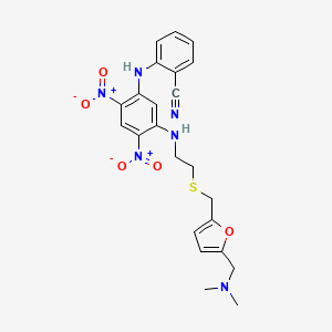 molecular formula C23H24N6O5S B12731864 Benzonitrile, 2-((5-((2-(((5-((dimethylamino)methyl)-2-furanyl)methyl)thio)ethyl)amino)-2,4-dinitrophenyl)amino)- CAS No. 142744-29-4