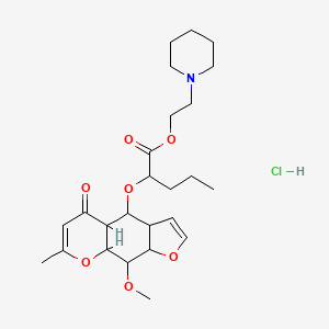 molecular formula C25H38ClNO7 B12732010 Valeric acid, 2-((9-methoxy-7-methyl-5-oxo-3a,4,4a,8a,9,9a-hexahydro-5H-furo(3,2-g)(1)benzopyran-4-yl)oxy)-, 2-piperidinoethyl ester, hydrochloride CAS No. 102584-94-1