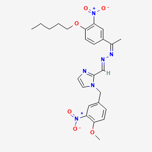 molecular formula C25H28N6O6 B12732053 1H-Imidazole-2-carboxaldehyde, 1-((4-methoxy-3-nitrophenyl)methyl)-, (1-(3-nitro-4-(pentyloxy)phenyl)ethylidene)hydrazone CAS No. 134221-19-5