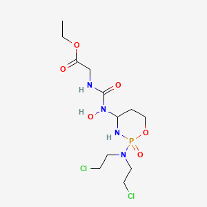 molecular formula C12H23Cl2N4O6P B12732283 Glycine, N-(((2-(bis(2-chloroethyl)amino)tetrahydro-2H-1,3,2-oxazaphosphorin-4-yl)hydroxyamino)carbonyl)-, ethyl ester, P-oxide CAS No. 97139-45-2