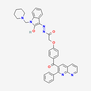 molecular formula C37H32N6O4 B12732401 Acetic acid, (4-((2-phenyl-1,8-naphthyridin-3-yl)carbonyl)phenoxy)-, (1,2-dihydro-2-oxo-1-(piperidinylmethyl)-3H-indol-3-ylidene)hydrazide CAS No. 136603-15-1