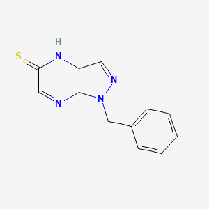 molecular formula C12H10N4S B12732806 5H-Pyrazolo(3,4-b)pyrazine-5-thione, 1,4-dihydro-1-(phenylmethyl)- CAS No. 133280-11-2
