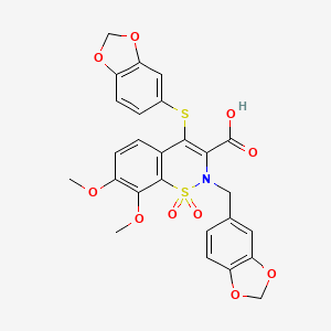 molecular formula C26H21NO10S2 B12732914 2H-1,2-Benzothiazine-3-carboxylic acid, 2-(1,3-benzodioxol-5-ylmethyl)-4-(1,3-benzodioxol-5-ylthio)-7,8-dimethoxy-, 1,1-dioxide CAS No. 215648-26-3