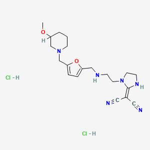 molecular formula C20H30Cl2N6O2 B12733083 Propanedinitrile, (1-(2-(((5-((3-methoxy-1-piperidinyl)methyl)-2-furanyl)methyl)amino)ethyl)-2-imidazolidinylidene)-, dihydrochloride CAS No. 135017-89-9
