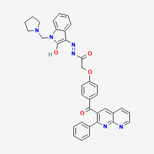 molecular formula C36H30N6O4 B12733276 Acetic acid, (4-((2-phenyl-1,8-naphthyridin-3-yl)carbonyl)phenoxy)-, (1,2-dihydro-2-oxo-1-(1-pyrrolidinylmethyl)-3H-indol-3-ylidene)hydrazide CAS No. 136603-17-3