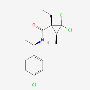 molecular formula C15H18Cl3NO B12733334 Cyclopropanecarboxamide, 2,2-dichloro-N-((1R)-1-(4-chlorophenyl)ethyl)-1-ethyl-3-methyl-, (1R,3S)- CAS No. 127641-62-7